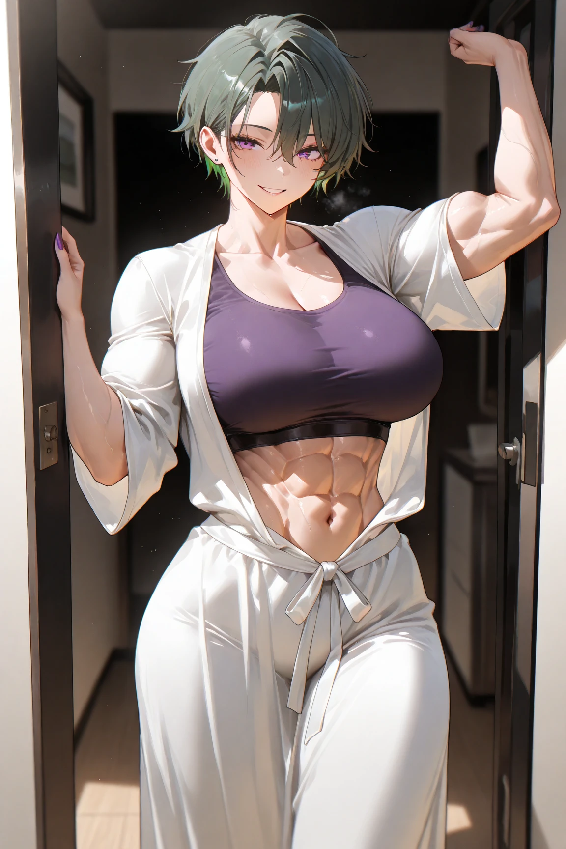 (masterpiece, best quality:1.2), lois lane (my adventures with superman), solo, 1girl, black hair, brown eyes, earrings, belt, shirt, short hair, jewelry, smile, hood, white shirt, pants, stud earrings, tomboy, coat, black pants, brown belt, striped, collarbone, green coat, breasts, large breasts, striped shirt, piercing, couch, looking at viewer, lying, open mouth, smile, on couch, on side, indoors, living room,(big muscular female bodybuilder),(oil painting,high-res),(sweating,flexing muscles,six-pack abs),(best quality,professional,vivid colors),(strong, powerful),(studio lighting,dramatic shadows),(realistic).