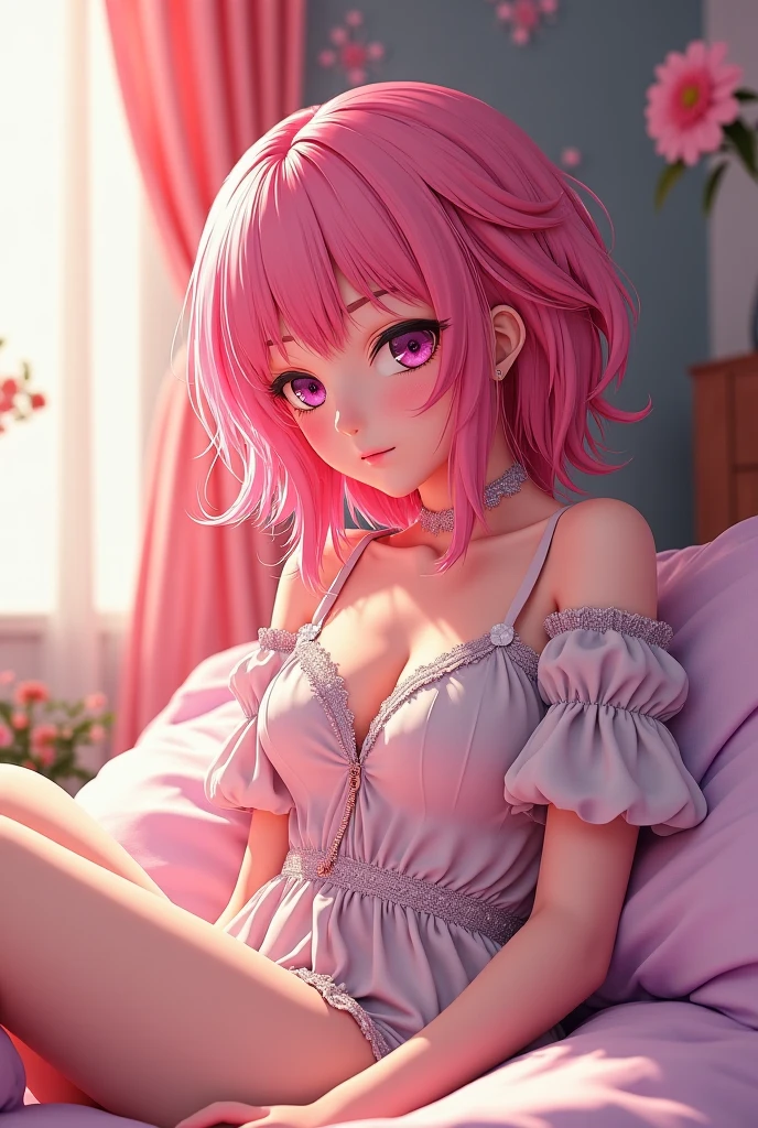 (Young woman) Bedroom, Pink trim, girly bedroom, Young woman in alluring fluffy pajamas, Pink pajamas, Pink bra, Dyed hair, Detailed eyes, Detailed lips, Detailed face, Full torque view, A hideous expression appeared on her face, Warm but sexy atmosphere