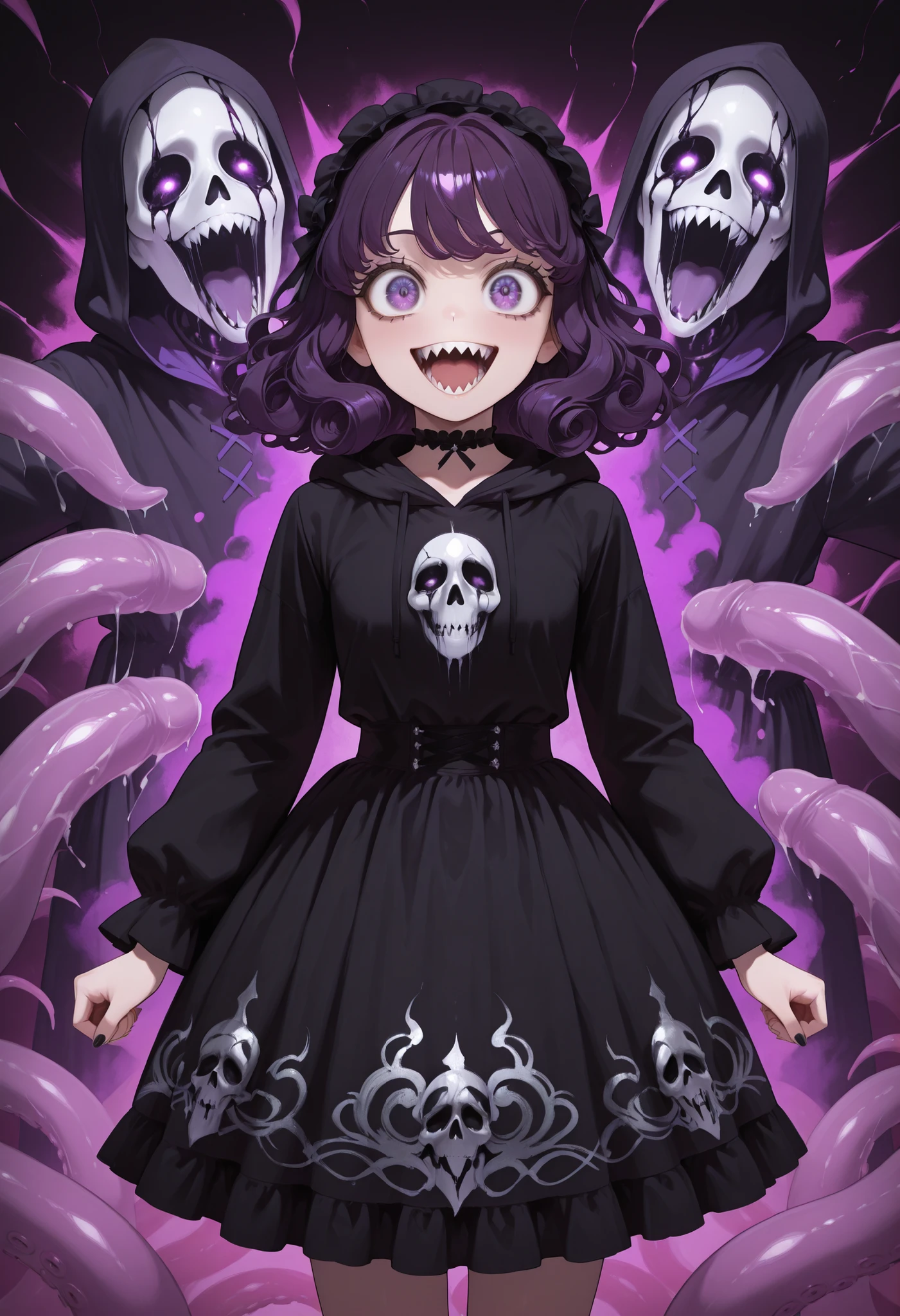 Gothic dress girl. Hooded. Dark purple hair. Curly hair. Wavy hair. Big eyes. Dark circles around the eyes. Smiling. Shark teeth. Black costume. Dress made of tentacles. Multiple death masks on skirt. Screaming death mask. Ghost face dress.
