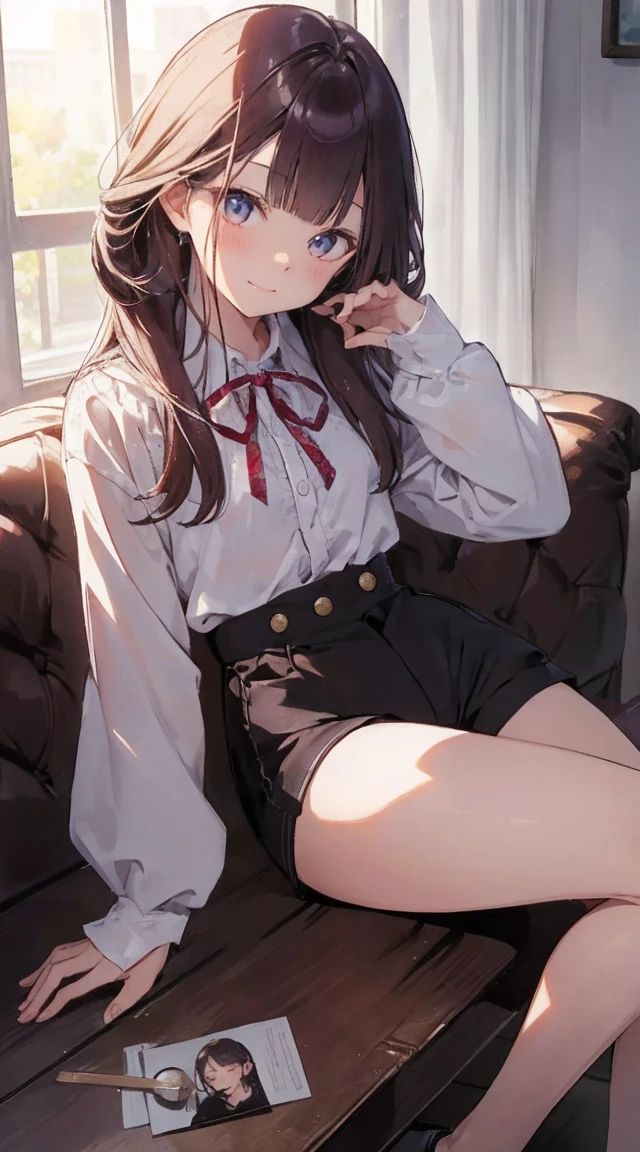 master piece、Highest image quality、highest quality、 ((panic))、glossy hair quality、small face、sitting、Super detailed and beautiful bright eyes、Super detailed clear and beautiful face、(cute illustration:1.2), High-resolution, ultra-detailed, best quality, embarrassed、(Gaps in shorts)、(cute underwear)