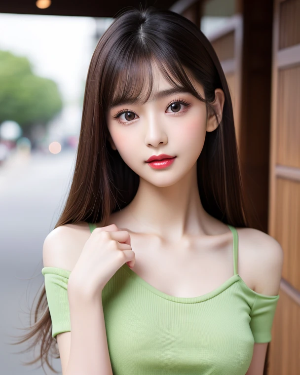 table top, highest quality, shape, Super detailed, finely, High resolution, 8k wallpaper, Perfect dynamic shape, beautiful and detailed eyes, D cup, natural color lip, random sexy pose,smile、20 year old girl、midnight、Beautiful and dense face、perfect and beautiful face,Big eyes、real photos(best image quality),Sheer off-shoulder dress (light green)、looking at camera、Please stand、Do gal makeup,blurred private beach background