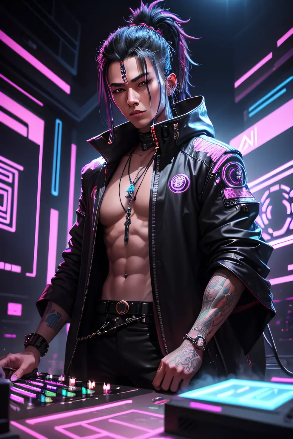 1 boy, 18yr old, R18, cyberpunk, black clothes, neon lights, vibrant, dark, short detailed black hair, Excited, thick hair, Masterpiece, 8K, athletic, tattoos