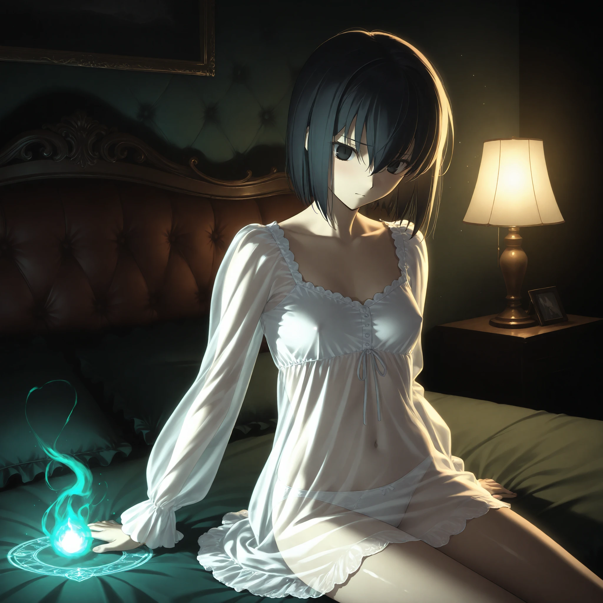 masterpiece, , absurdres, highres, detailed background, high resolution, masterpiece, necessary, detail, best quality, quality, necessary, details, High details, Precise, , indoors , lamp , (gothic architecture:0 . 3) , dark theme ,low light , , from side ,, solo, ,
1girl, , (type-moon,) style, koyama hirokazu style, (close up), sitting, on bed, shiny skin , , (magic, green light particles),
tall girl, mature, 1girl , solo , kuonji alice , black hair , short hair , hair between eyes , black eyes , , Alice_Asc2 , show off nipple, ((see-through)), pink sundress , , long sleeves ,frill, white panties, looking at viewer , (small breasts), , embarrassed,