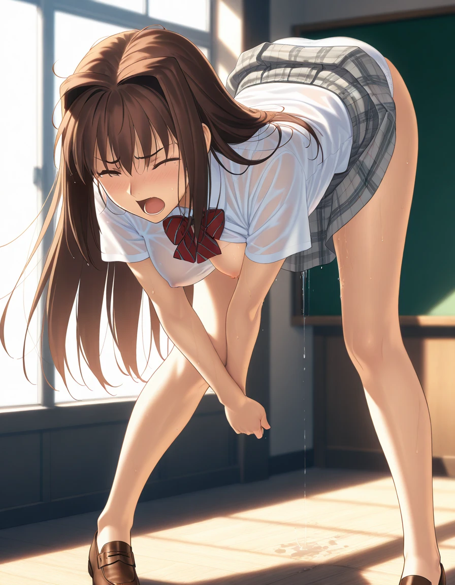 indoors, busy classroom, sitting, a3r1th, upskirt panties view, legs together, a3r1th, peeing, peeing herself, perfect female figure, Aerith Gainsborough, pantyhose, holding pen, green eyes, school uniform, hair bow, bracelet, schoolgirl skirt, looking down nervously, shy, embarrassed, sad, crying, aroused, shocked, panicking, worried, very desperate to pee, urination, legs crossed, rape face, full-face blush, high detail, Realism, Hyperrealism, multiple views, perspective, ccurate, masterpiece, highres, UHD, anatomically correct, super detail, best quality, highres, 8k