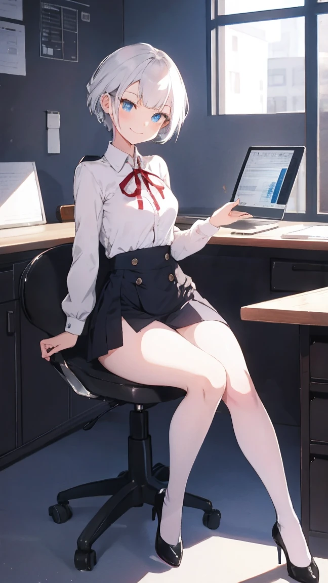 shenhe， 1girll， 独奏， （（white  shirt））， black thighhigns， nedium breasts，， 校服， office backdrop， a black skirt， pleatedskirt， office room， hair between eye， hair adornments，big cleavage breasts， long whitr hair， looking at viewert， silber hair， braidedhair， silver short nails， Silver eyes， 独奏， Thighs, thighs， upper legs， long whitr hair， （（tmasterpiece））， Sat down， a chair， Study desk， Computer on the desk， name badge， ID tags， inside in room， Be red in the face，a sexy pose，the feet