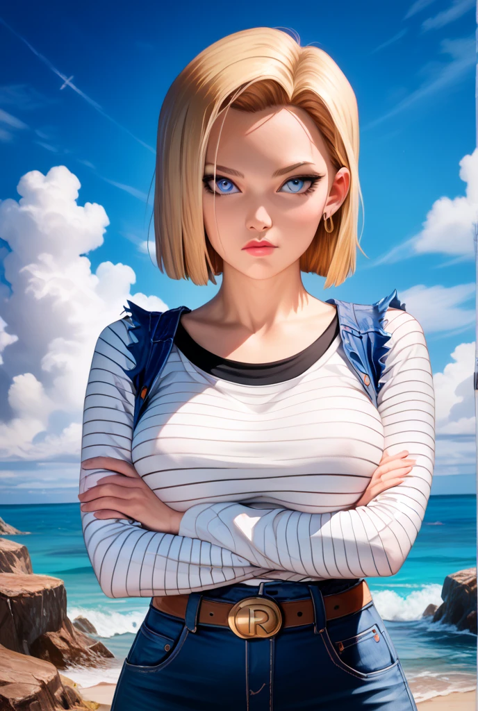 masterpiece, Highest quality,  Unreal Engine,  Super Resolution,  Very detailed, 

Beautiful woman, Android 18, Android 18, blonde, blue eyes, eyelash, hoop Earrings, short hair, Earrings, Oiled Rubber Suit, Vivid expression, Healthy Body, Beautifully detailed sweat glands, Smooth skin texture, Carefully drawn, 

(humidity:1.2), Beautiful Eyes, (Attractive face:1.2), (Beautiful Skin), (Big Breasts), Puffy nipples, (Sticky with sweat), In a dynamic pose,

In the world of Dragon Ball, Outdoor, At the Beach 