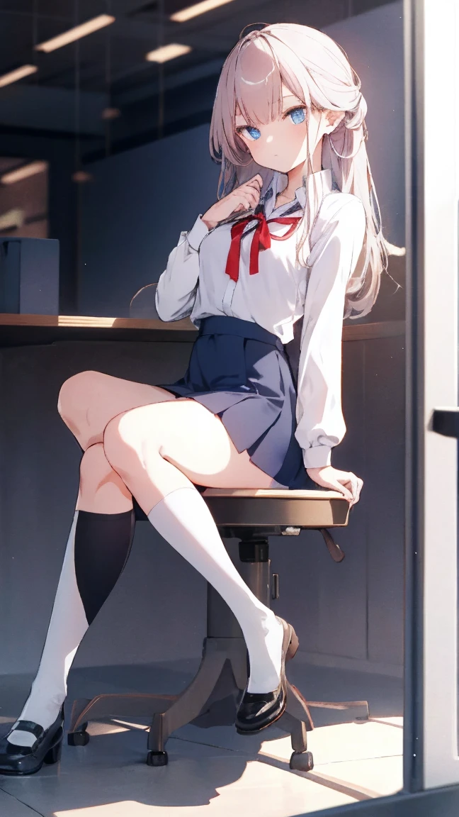 Shenhe, 1girl, solo, ((white shirt)), black thighhighs, breasts, cleavage, uniform, office background, black skirt, pleated skirt, office, hair between eyes, hair ornament, large breasts, long hair, looking at viewer, silver hair, silver short nails, silver eyes, solo, thighhighs, thighs, very long hair, ((masterpiece)), sitting, chair, desk, computer on desk, name tag, id tag, indoor, blush, sexy pose,