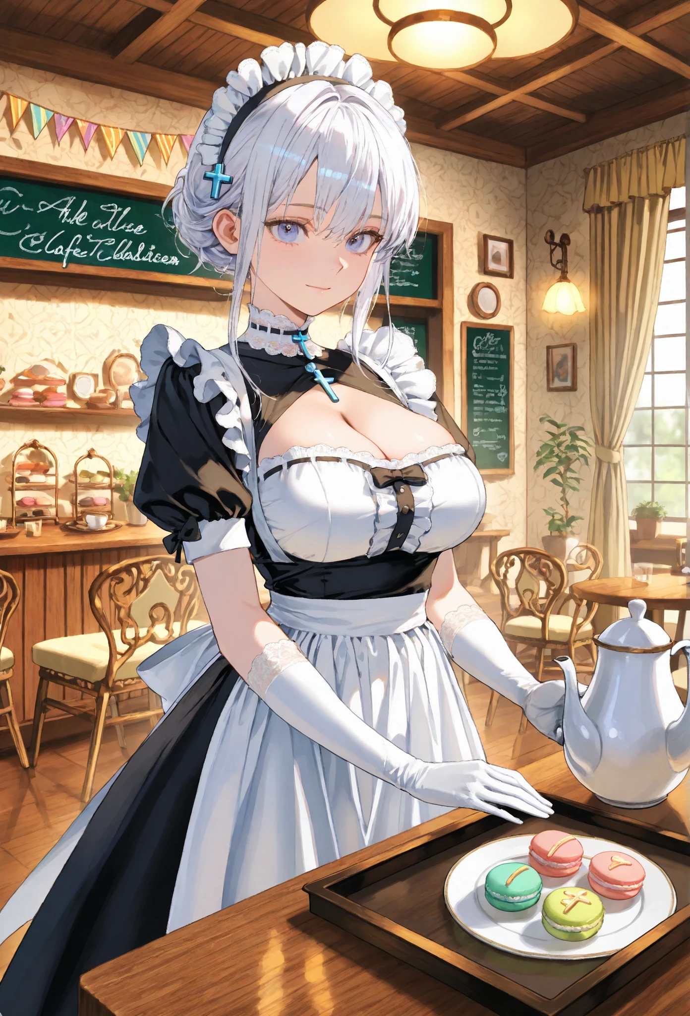 firm and big breasts, cleavage, A realistic photographic composition framed from just below the shoulders of a female server standing in a maid café interior, ensuring her entire head is fully visible within the frame without any cropping. She holds a polished round silver serving tray with porcelain teacups, a teapot, and a plate of macarons balanced on her gloved left hand. The subject wears a tailored black cotton blend dress with a square neckline trimmed with white lace, short puffed sleeves edged with lace, and a line of small fabric-covered buttons down the front. A crisp white apron with frilled straps crosses at the back and ties in a bow at the waist, its skirt portion falling just below the bottom of the frame. A detachable lace collar fastened by a pearl button rests at the nape, and white latex gloves cover her hands. Warm ambient lighting from vintage chandeliers and wall sconces casts gentle highlights on ceramic and fabric surfaces. Behind her, the café background features pastel walls adorned with framed chalkboard menus in elegant script, wooden tables and chairs with floral seat cushions, glass display cases with colorful pastries, decorative fabric bunting strung from ceiling beams, a vintage cash register on a wooden counter, small potted plants on shelves, and lace curtains at windows, all softly blurred by a shallow depth of field created with an 85 mm equivalent prime lens at f/2.2 on a full-frame sensor, producing smooth circular bokeh. The décor blends Victorian-inspired ornamentation and modern cozy accents. The color balance is neutral with accurate white point calibration, faithfully rendering black, white, and pastel tones while preserving natural skin tones and metallic tray sheen. just below the shoulders