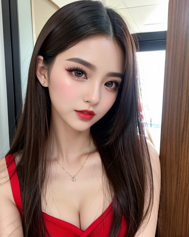 1 korean woman, big breasts, strikingly beautiful, delicate facial features, expressive eyes, black hair, red lips, erotic pose, There is a female croupier in a low-cut red dress in the casino dazzling eyes and jewels in her hair, hands reach for the lens, eyes hook the soul seduces you, a casino covered with jewels, inside a casino, casino, Vesper Lynd de Casino Royale, online casino logo, screenshot of a stunning screen, Playing Poker, video game screenshot, White Widow, levitating cards.