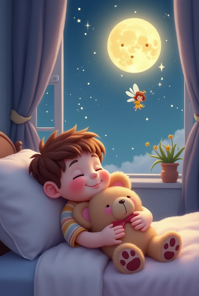 a sleeping child smiling holding a Winnie the Pooh plush toy, and in dream form, dreaming that you are flying with Disney characters