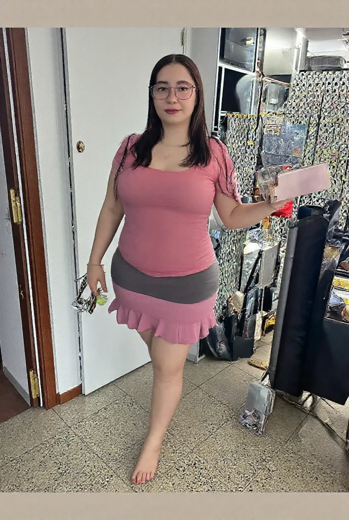 there is a woman in a pink dress standing next to a car, wearing a pink dress, dressed in a pink dress, wearing orange sundress, pink dress, wearing dress, shot on webcam, wearing a red sundress, wearing a red dress, very very low quality picture, in a dress, close body shot, wearing red dress, fat latin woman dancing