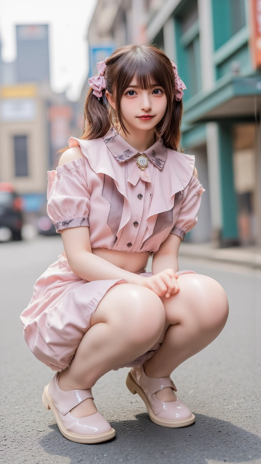 Best Quality, Masterpiece, Ultra High Resolution, 1 Girl, Cute, Blue and White Lolita Skirt with Good Look Pattern on Skirt, Sunny, Street, Dynamic Light and Shadow, Double Ponytail, Pink Hair