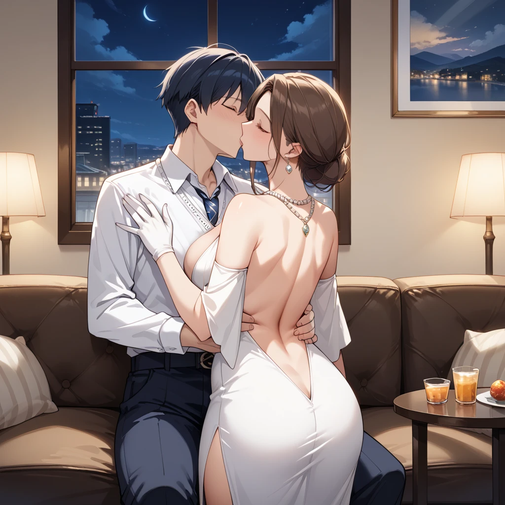 The man in his 45s with black very short hair and smooth face with moustache. The woman in her 45s with brown wavy long hair. The man is wearing an unbuttoned white shirt. The woman is wearing a yellow dress. In the outside garden. Night, dark, dim. The woman is sitting at the iron table. Missionary sex. They are screaming. Orgasm. Passion. Erotic. Realistic. Ulrta realistic.