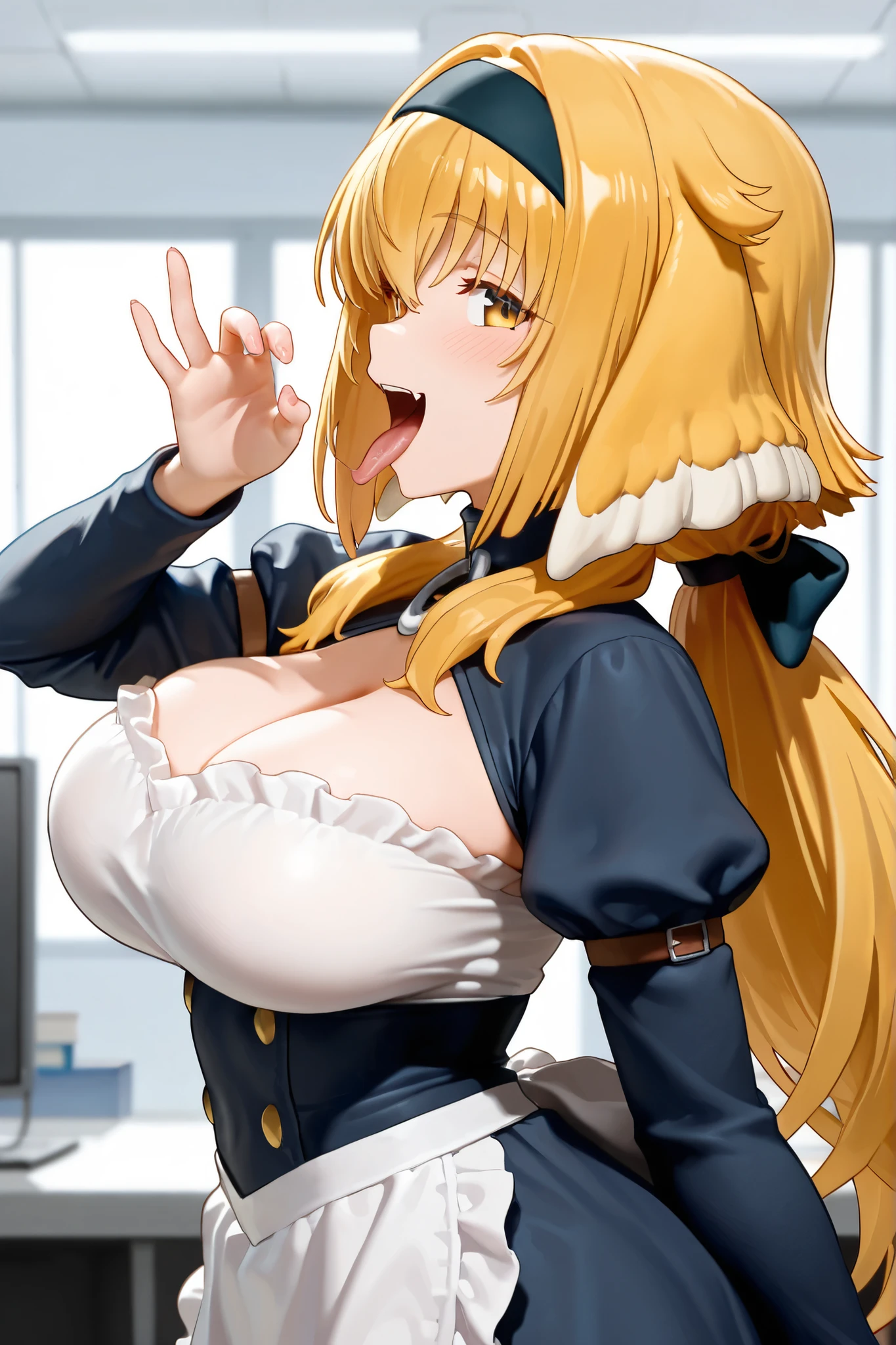 masterpiece,Highest Quality,high resolution,very detailed,Roxanne\(Isekai Meikyuu of Harem wo\),maid clothes,cleavage,shoulder out,Office,fellatio gesture、from the side、in Kura、open your mouth