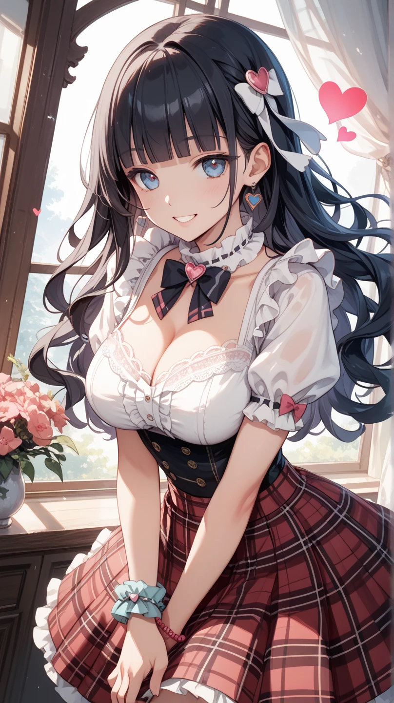 (1girl in), Long Wave Hair、dark brown hair, Amazing face and eyes,(natural make up)、(Brown eyes), medium large breasts、(High school uniform with wide open chest:1.1)、bared  chest, (amazingly beautiful girl), Styliška Chusha、Ruffle style costumes, (Maid Cafe Costume, Pleated mini-skirt:1.5), (Best Quality:1.4), (Ultra-detailed), (extremely detailed CG unified 8k wallpaper), ((Stylish maid café)), Maid Cafe Popular Staff, (Light yellow lace panties:1.2)、(((The skirt is rolled up by the wind)))、((buttocks visible))、((embarassed expression))、Butt sticking out pose