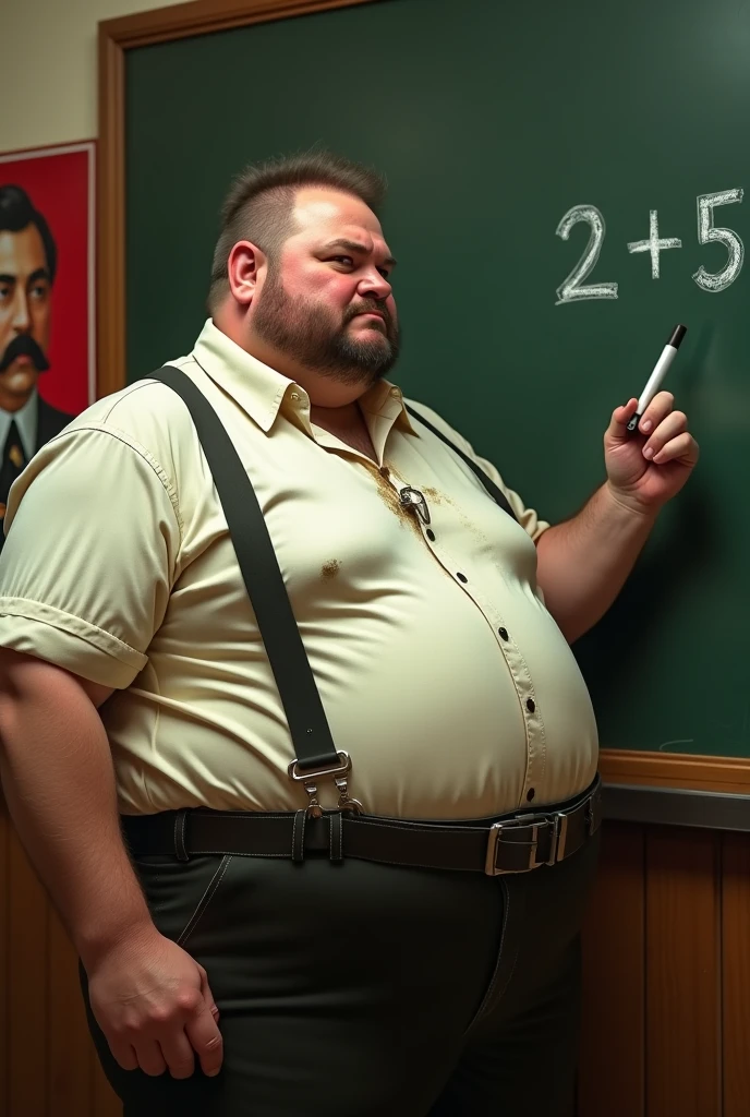 (((2heads))),  upper body, obese man,32 years old, schoolteacher, blonde,  brown hair, thick rimmed glasses, classroom background, armpitsshowing, angry expression, rosy cheeks, pants ripping