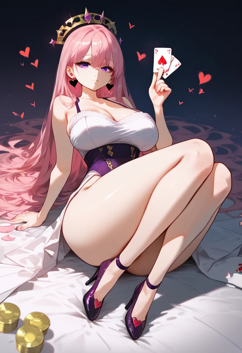 girl, light pink hair, hime cut style, long hair, J cup size, thicc thigh, string net on thigh, open space on breast and pussy, pasties on tits and pussy, casino scenes, charming smile.