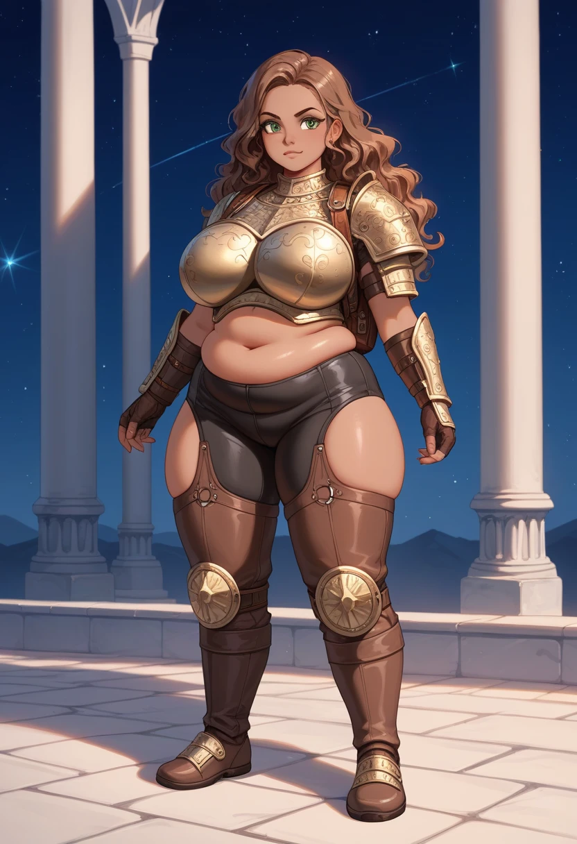 (masterpiece), best quality, female warrior, huge girl, female muscular:1.2, shoulder armor, pauldron, (((blank background))), ((full body)), fingerless gloves, sandals, sleeveless, covered nipples, ((buzzcut hairstyle)), golden hair, hair over eyes, (wide hips:1.6), thick thighs:1.7, ((camel toe)), (underboobs), 