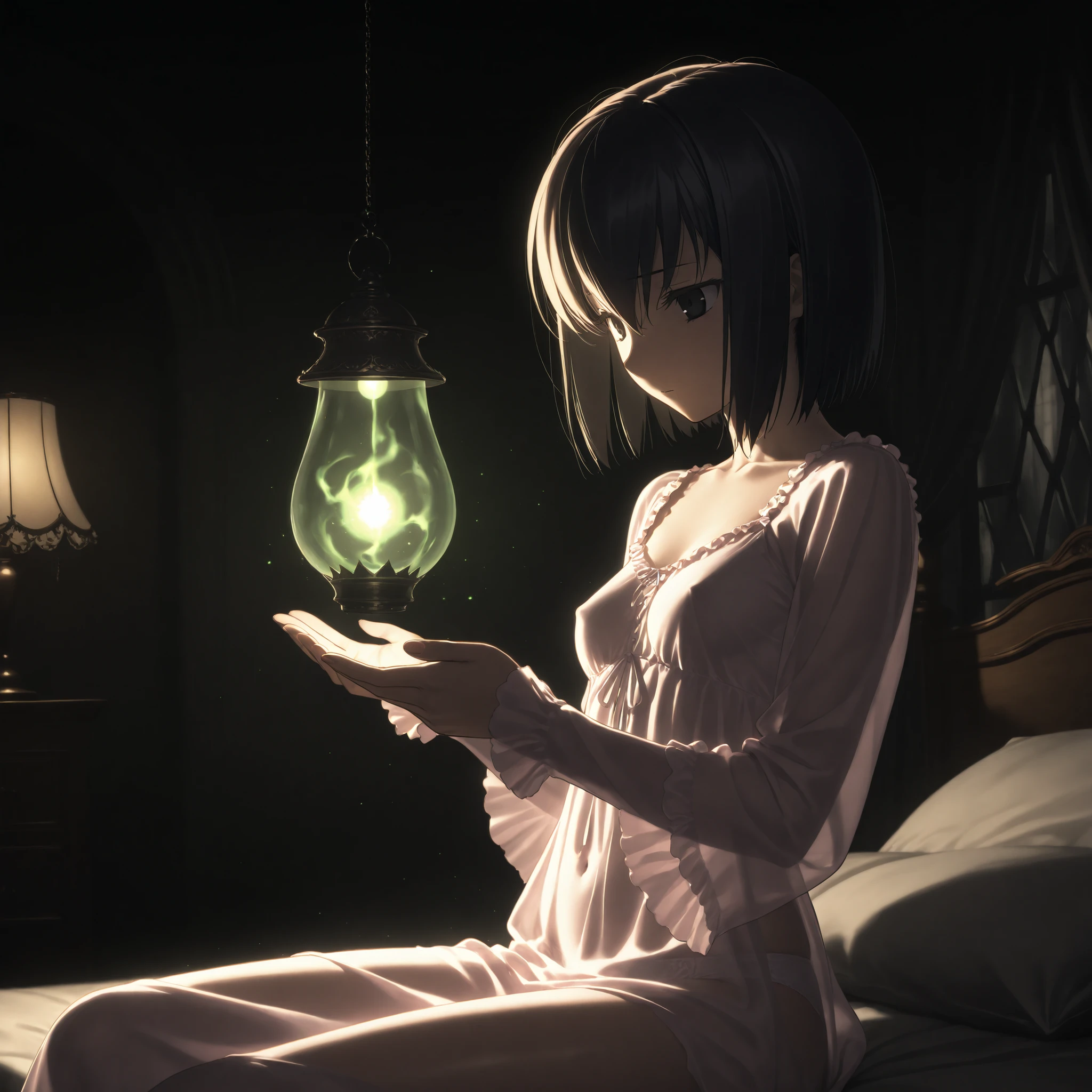 masterpiece, , absurdres, highres, detailed background, high resolution, masterpiece, necessary, detail, best quality, quality, necessary, details, High details, Precise, , indoors , lamp , (gothic architecture:0 . 3) , dark theme ,low light , , from side ,, solo, ,
1girl, , (type-moon,) style, koyama hirokazu style, (close up), sitting, on bed, shiny skin , , (magic, green light particles),
tall girl, mature, 1girl , solo , kuonji alice , black hair , short hair , hair between eyes , black eyes , , Alice_Asc2 , show off nipple, ((see-through)), pink sundress , , long sleeves ,frill, white panties, looking at viewer , (small breasts), , embarrassed,