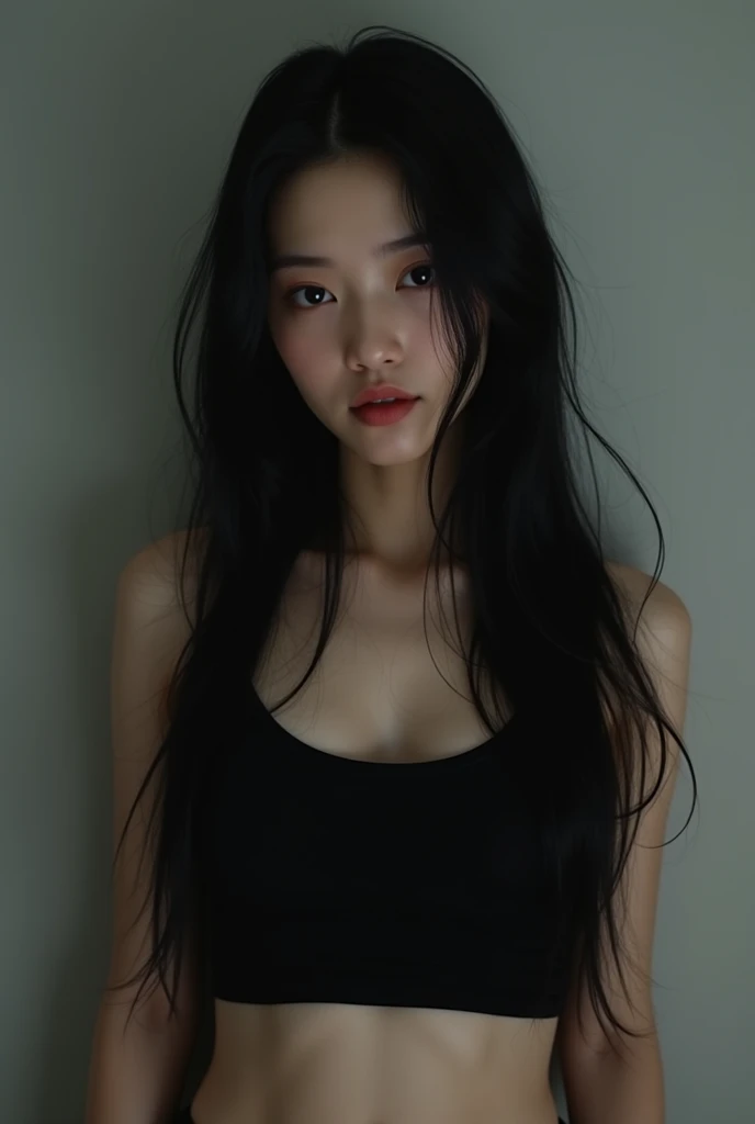 ((surreal、Super detailed image, maybe a photo.,Captures the details of the skin texture of an incredibly beautiful woman..))long straight black hair。white tank top.