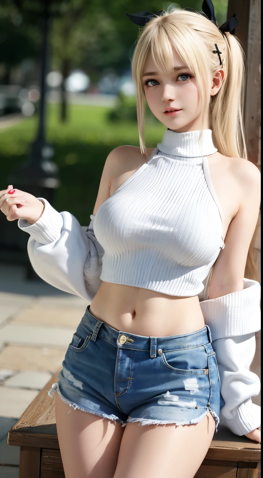 22 year old white female、hair color is blonde、eye color is blue、long hair、Tying up your hair、accessories on wrist、I'm wearing a choker、skin is smooth、smile、Slender but muscular body、My heart is pounding、high resolution、She is wearing a one-shoulder lace top.、I'm wearing pants、I'm wearing pumps