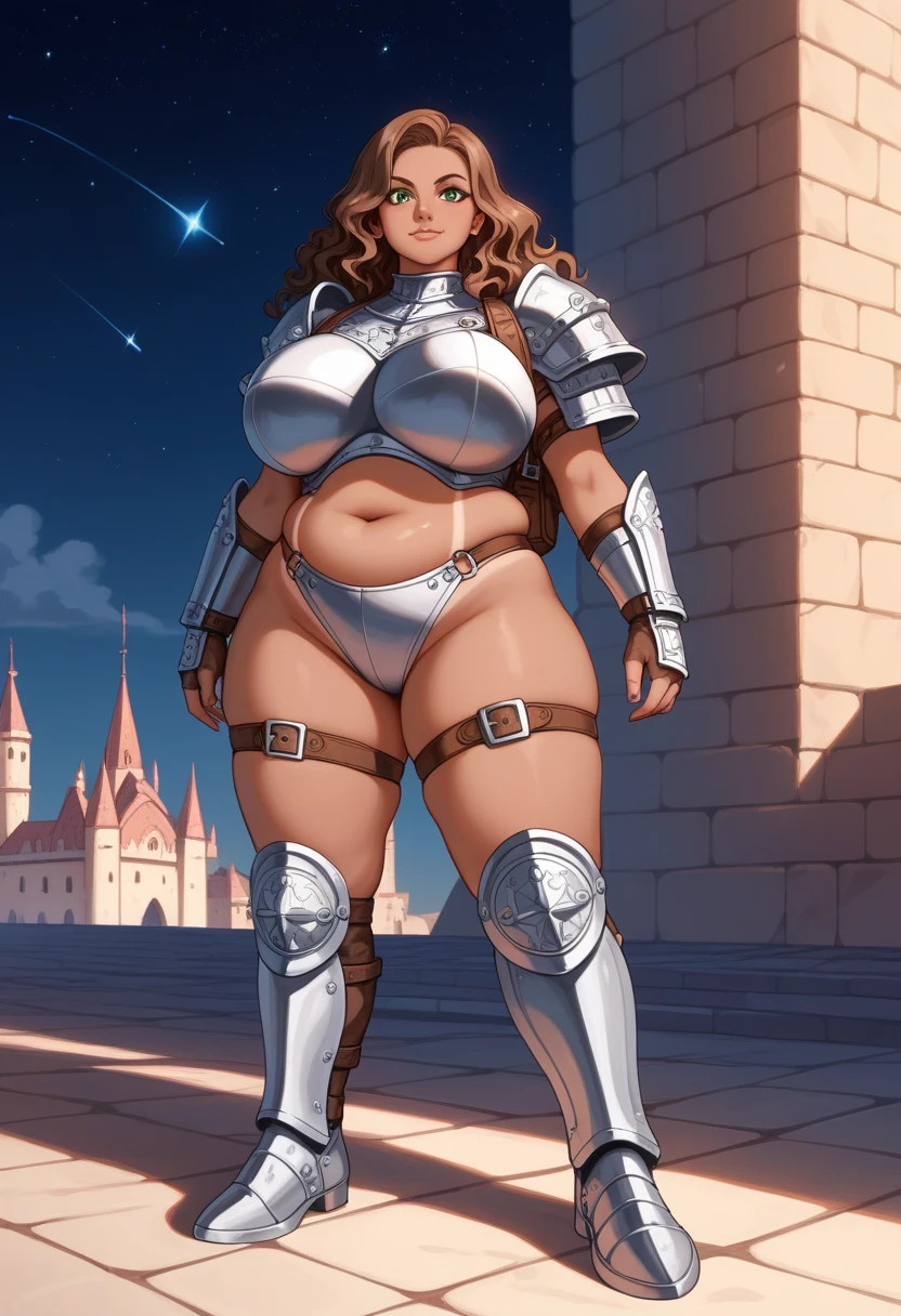 score_9, score_8_up, score_7_up, score_6_up, score_5_up, score_4_up, Medieval armoured mercenary lady, mature woman, sexy, long straight blonde hair, hair covering one eye, big puffy bimbo lips, pouted lips, squinting eye, ((NSFW)), ((Full body)), ((gigantic breasts)), ((sagging breasts)), wide hips, thick thighs, huge ass, detailed background,