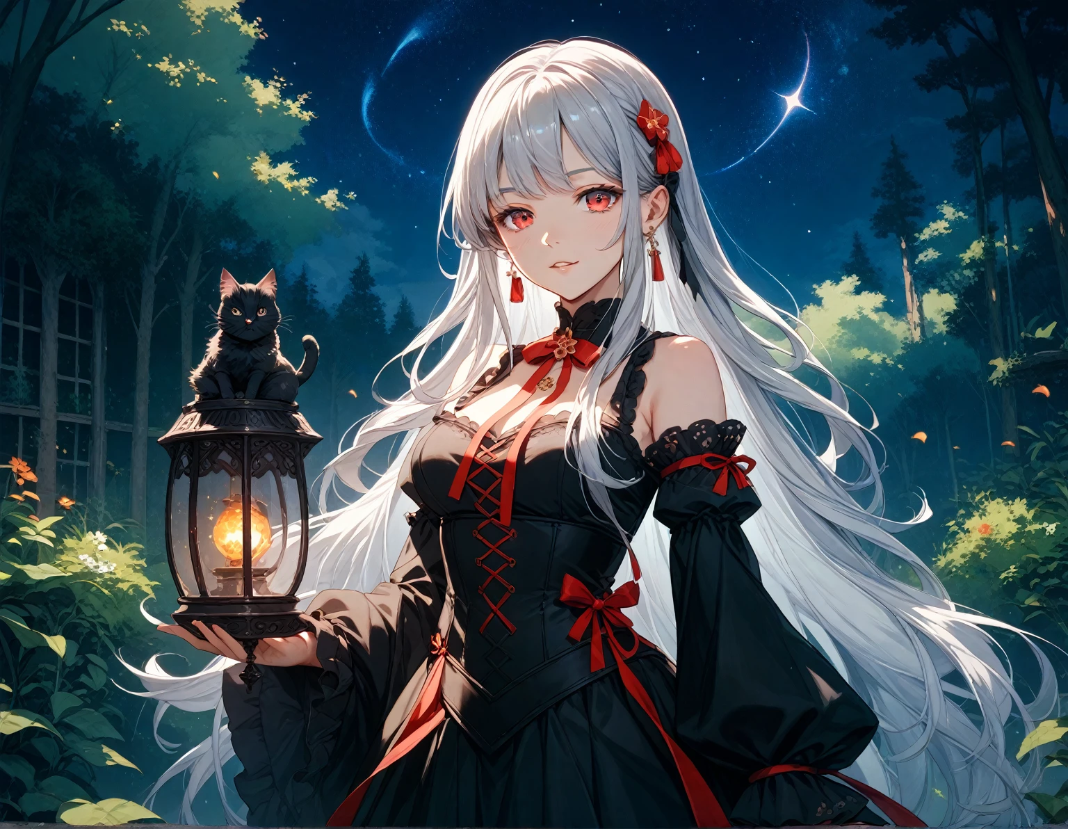 A garden at night, lit on the ground, black cat in the middle, Romantic, hearts, red flowers,