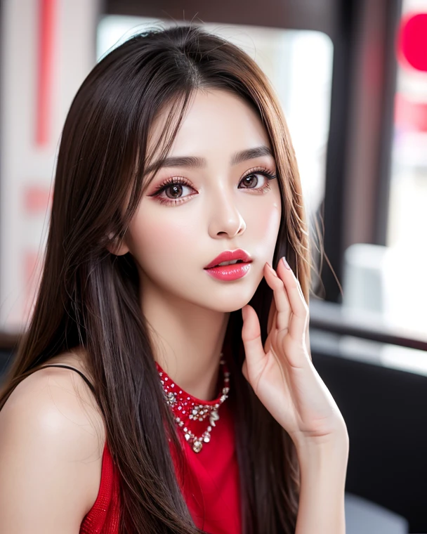 instagram photo, closeup face photo of 20 y.o Chloe in kebaya, Red Lipstick, sensual Lipstick, Sensational Make Up, cleavage, pale skin, (smile:0.4), hard shadows, Red G-STRING, bright lighting