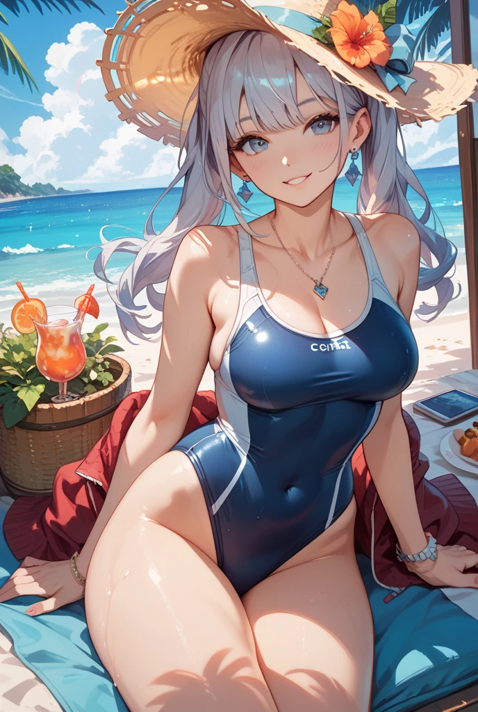 "Relaxed young woman smiling、Enjoying the sunny beach atmosphere。,Sitting on a blue bench、Drink in hand. She is wearing a blue bikini top and blue bikini undergarments.,Convey a laid-back atmosphere. In her head「C」A baseball cap with the word ",Enjoying the warmth of the sun and the gentle breeze. The surrounding area is crowded with other tourists and beach umbrellas.,Capturing the essence of a laid-back day at the beach.",Large Breasts,Muscular,Macho,Muscular