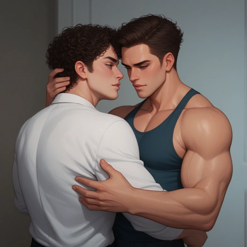 (best quality, 8k resolution, ultra-detailed, realistic:1.37), physiquedetailed muscular muscle god, clutching [firmly] the waist of a young, [fragile and delicate], skinny man, [emphasizing] the God’s biceps bulge and flex. The god's skin glistens [with a radiant golden sheen], revealing [incredible muscular definition and vascularity]. The young man's eyes widen with a mix of astonishment and vulnerability as he gazes up, [helplessly], at the overpowering god before him. The god's abs ripple with strength and power, casting a deep shadow across the scene, while his hand firmly grasps the young man's waist, showcasing the stark contrast in size and strength. The young man's fragile frame is emphasized by his lanky limbs and delicate features, adding to the intensity of the composition. The setting features a dramatic chiaroscuro lighting, with soft, ethereal light casting intricate shadows across their bodies. The god's presence is enhanced by the surrounding celestial aura, embodying his divine nature. The overall color palette is rich and vibrant, with deep, warm tones that highlight the god's muscularity and create a sense of awe.