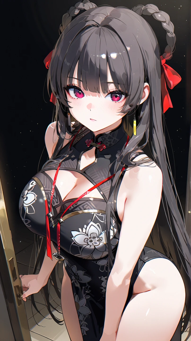 myself, yellow_student, +_+, black_hair, expensive_ponytail, red_flower_hair_ornament, masterpiece, Highest quality, Very detailed, figure, alone, One girl