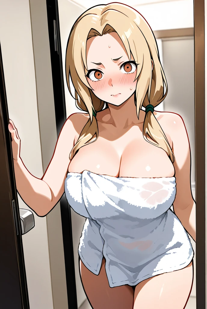 Tsunade, Blonde hair, ,(((Full and soft breasts,)))(((Huge breasts))) (((Cleavage))) (Perfect curvy figure) , Mature female, (masterpiece:1.2, best quality:1.2, beautiful, high quality, high resolution:1.1, Aesthetic), detailed, extremely detailed, ambient soft lighting, 4K, Perfect lighting, Keep, inDoors, pov Doorway, opening Door, open Door, Door, (Killer sweater:1.2), sleeveless