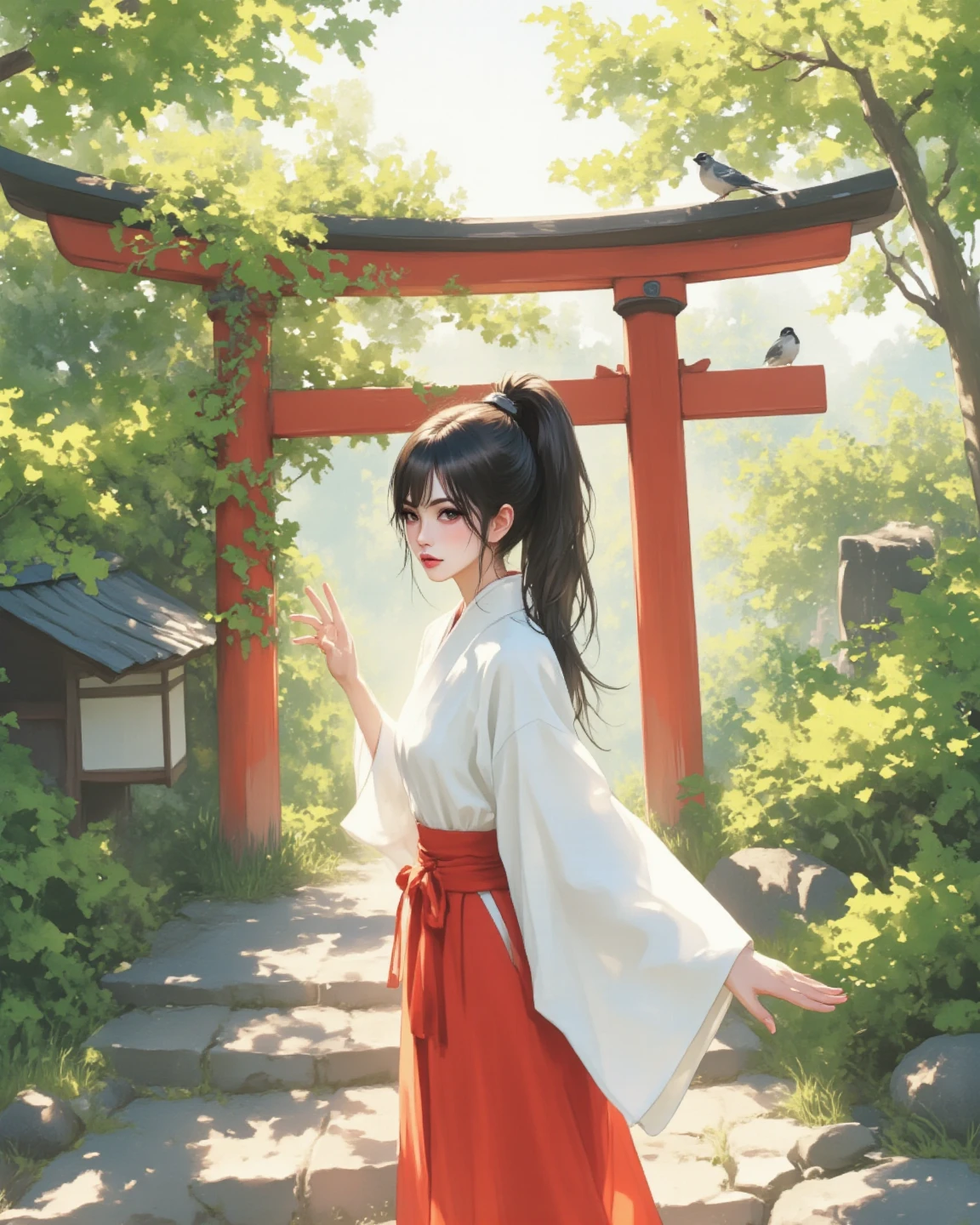 Vines entwined with a red torii gate by the water、Little birds perched above the torii gate、A woman in a shrine maiden costume standing in the morning haze、solo、anatomically perfect、Beautifully illustrated fingers、dark eyes、black hair、ponytail、A place where you can feel the purity of nature、Asahi、An atmosphere of serenity and healing、ukiyo-e style、Japanese painting、Highest Quality、high image quality、masterpiece、8k、isometric drawing、ArsMJStyle、zen inkwash ink painting