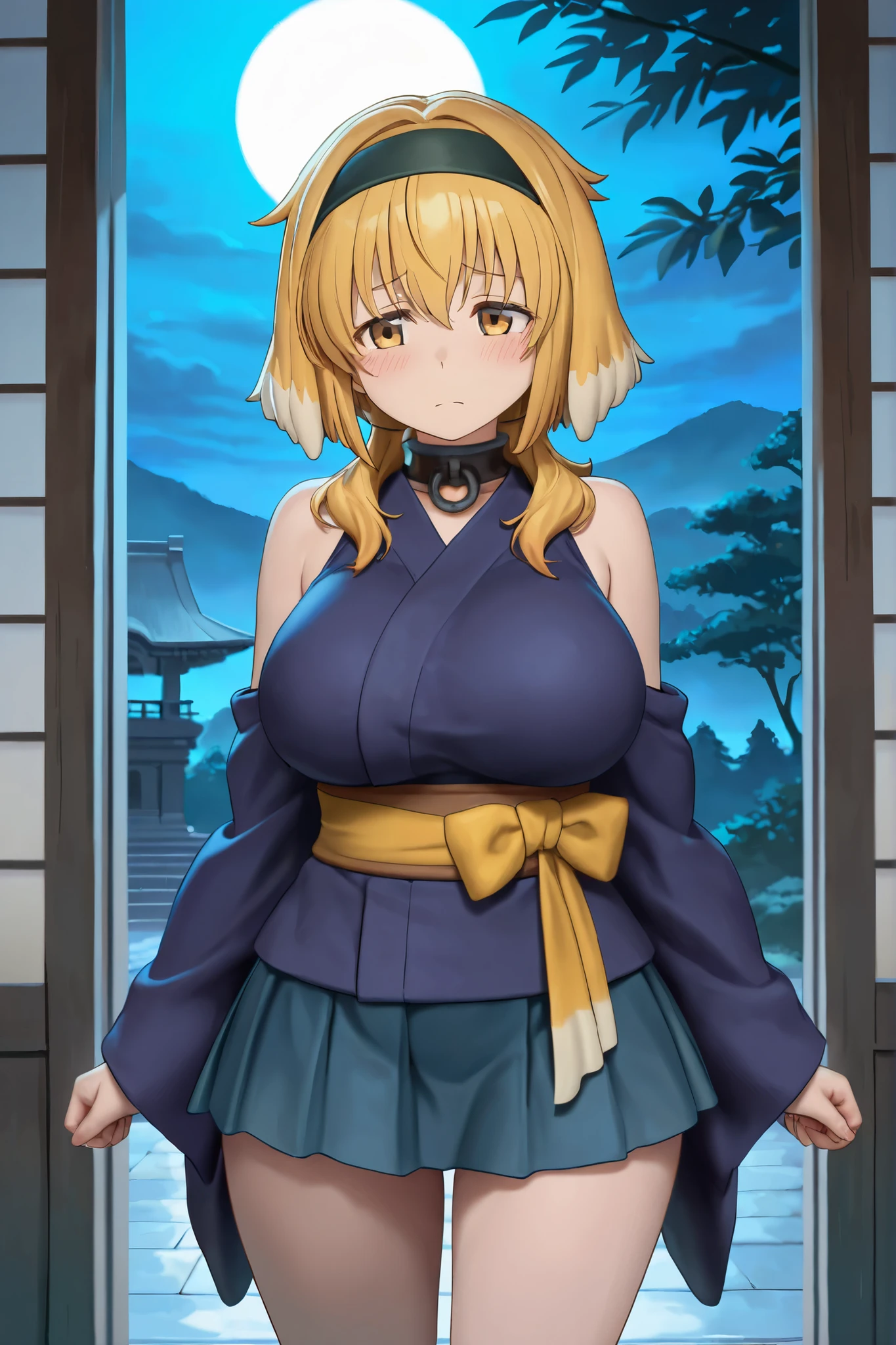 1woman,super beautiful,Walk in the palace,at night,Confused expression,half body photo,Beautiful eyes, very detailed face,cute,,HD face, perfect face, blue kimono,short kimono, cleavage visible,Very big breasts,big breast,Blue flowers on the head,Blonde hair,bangs,blue eyes,hair in bun,one bun,Hair in a bun,ultra detail,ultra Hd, masterpiece,4k