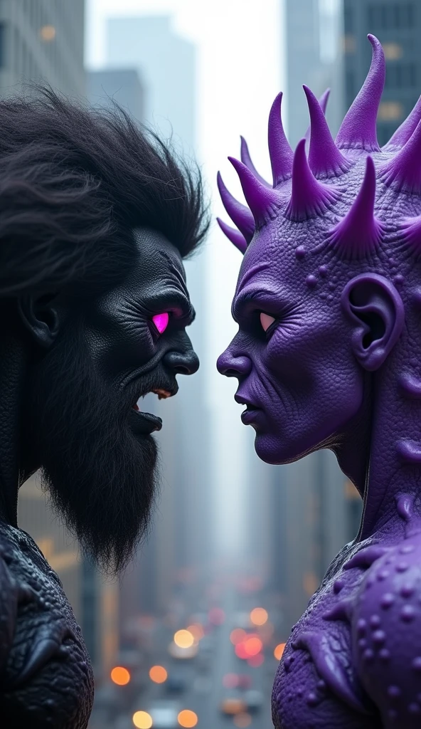 Powerful purple eyes Man with Skrull tatoo talk to purple god very hardly