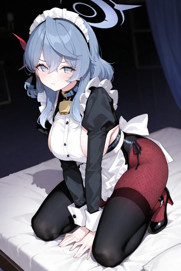 (masterpiece:1.2), (best quality:1.2), ((ultra-detailed:1.1)), (perfect eyes), (cute face), perfect lighting, blush, (parted lips, smile), (naughty face), (cameltoe), (highres, high quality:1.3), intricate details, vibrant image, sharpness, colorful, NonoharaMikako, 1girl, mature female, milf, bedroom, blush, shy, purple hair, long hair, lipstick, looking back, makeup, blue eyes, detailed hair, hair ribbon, voluptuous, ass, thigh gap, (bent over:1.2), ass focus, maid, black skirt, maid headdress, black thighhighs, maid apron, long sleeves, puffy sleeves, curvy, huge breasts, cleavage, thighs, (lace black panties:1.1),