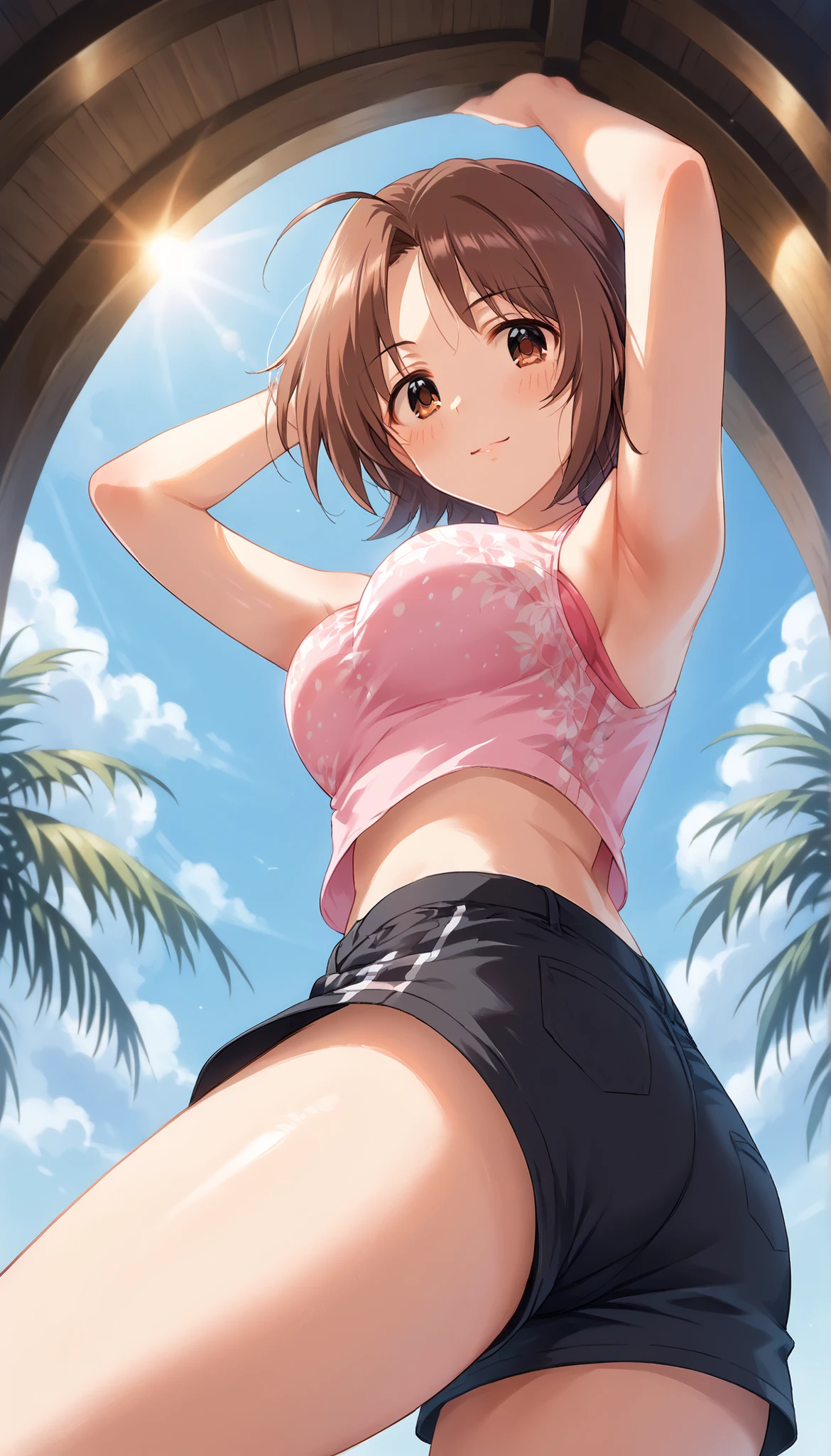 NSFW Highest quality Best image quality 4k ,{Misaka Mikoto} {{shirt lift}}++ Plain pink shirt topless, Underboob Beautiful nipples Short hair Brown hair, Brown eyes,short hair(Beautiful Abs Denim Shorts , Embarrassed face sit Beautiful beach Wet MCharacter splits