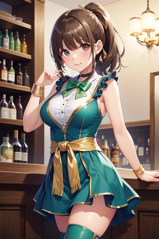 masterpiece、high resolution、8k、Highest Quality、 high chroma、High Clarity 、Western worldview 、anatomical structure、perfect body、Morning Light、Studio Lights、 soft shadows、Kabar、beautiful skin、 Beautiful eyes on my belly、Super Details、( gold:1.4)、long hair、ponytail、shiny costume、 red ribbon、solo、Cute Japanese Girl、1 person、textured skin、slim figure、Big Breasts、Look at this、 Cowboy costume((green sleeveless dress 1.3、pink bow tie on chest、black choker、green wrist scrunch、Green long boots、Green tight skirt:1.8、cover with a micro mini skirt - both eyes with one hand:1.8、green winter boots、gold band on the waist))、 high chroma、High Clarity 、green eyes、big eyes、embarrassing、bar、put a cheek stick on the counter、wear a skirt、Inside the BAR、standing with legs open、from below、cowboy、、uncensored、from behind、Looking up at the ladder
,((( masterpiece, Highest Quality, high resolution, 超 high resolution, pixel perfect , description boundary, 4K, RTTX10.0))),
、Anegasaki Nene, shiny brown hair, beautiful brown eyes, smiling face, sparkling pupils, (fine grain), , highly detailed face,, (masterpiece:1.2, best quality), ((only1 girl)), ((cowboyshot:1.5))