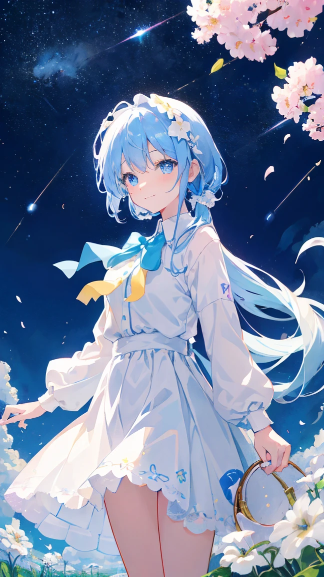 best image quality、highest quality、8K、Upper body、school uniform、thighs、long sleeve、light blue hair、bob hair、beautiful hair、loose perm、blue eyes、night view、starry sky、up