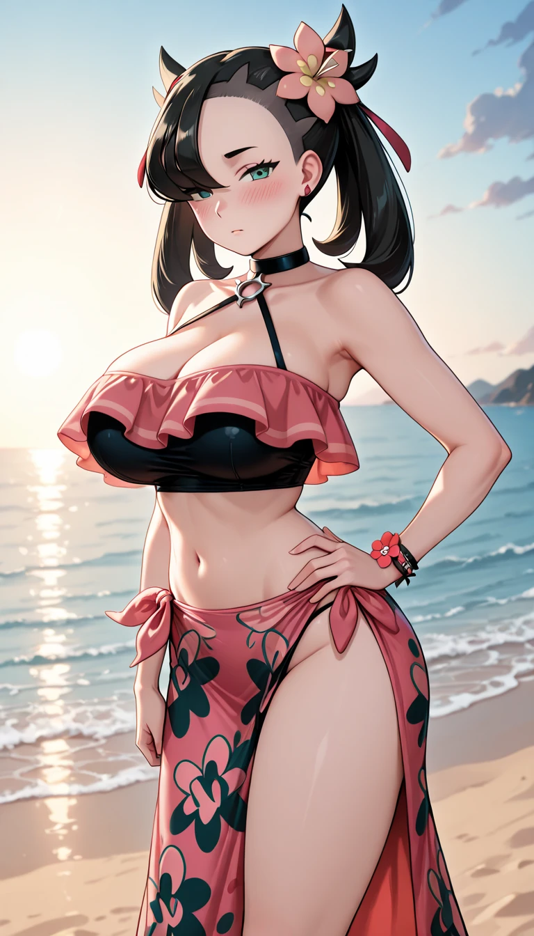 11 girl, solo, breasts, looking at viewer, blushing, smiling, short hair, bangs, black hair, ribbon, belly button, cleavage, jewelry, need big breasts, mouth closed, swimsuit, bikini, cowboy shot, outdoors, frills, sky, daytime, clouds, hands up, bow tie, belly, red ribbon, blue sky, hands on hips, wrist cuffs, maid, maid's headdress, thigh straps, detached collar, underbust, side-tie bikini bottoms, ocean, beach, sunlight, red bow tie, frilly bikini, sun, pink bikini, bridal garter, maid bikini, belly bulge, pregnant woman, due date, large protruding belly