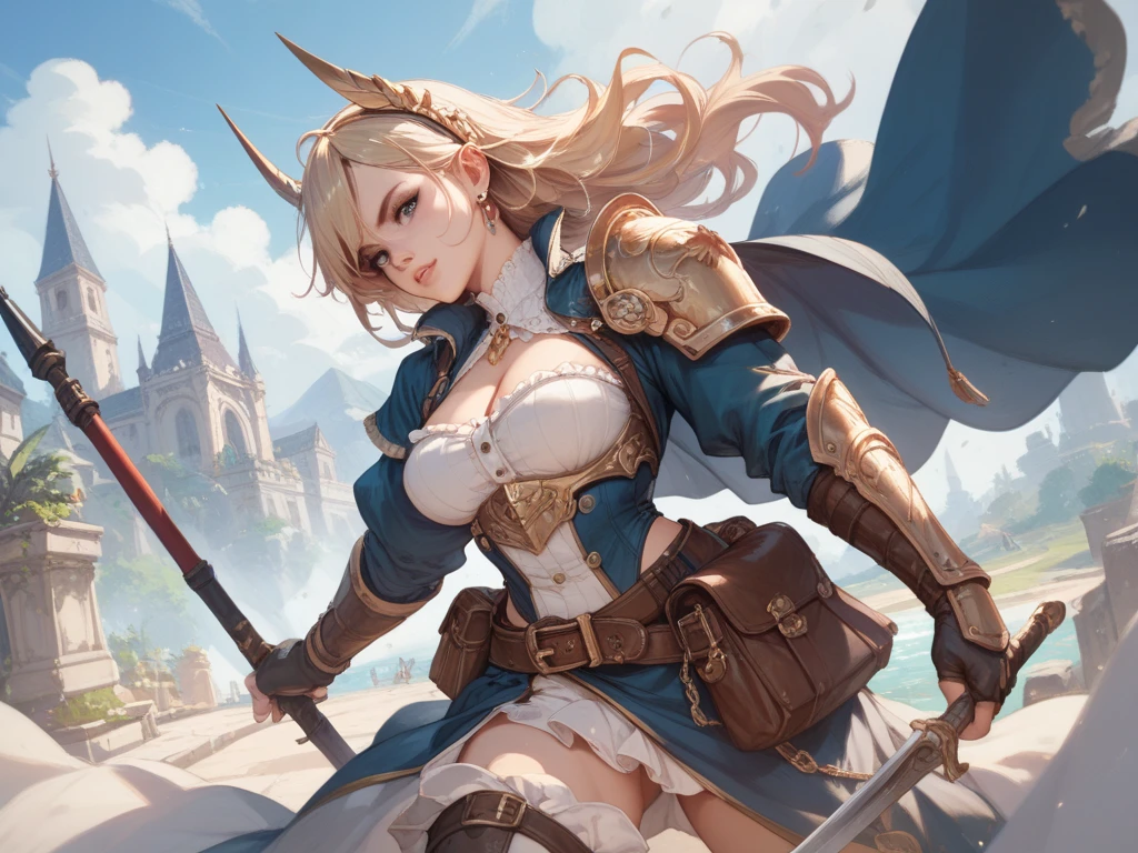 1girl, ((slim)) tall pirate sexywoman, thin waist, 18 years old, ((ornate ((steel)) breastplate armor)), average breasts. (((cleavage))), ((((very long blue skirt)))), ((headband)), on a ship, ((gorgeous slim face)), ((Brown hairs)), ((long straight flowing hairs)), sea, detailled face, marterwork, serious eyes, intense detailled eyes
