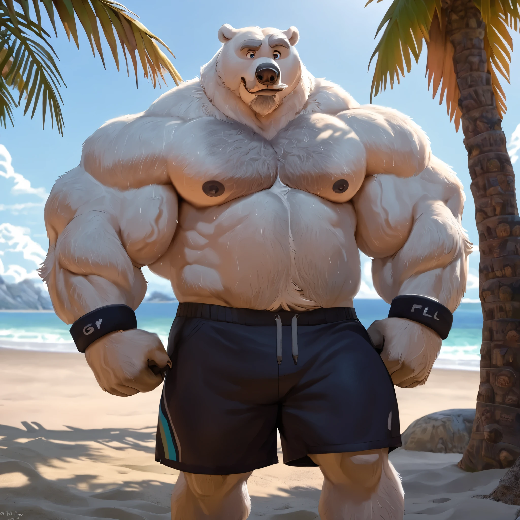 huge muscular polar bear in beach, big hulking flex, grunting smirk, polar bear, huge white fur, thick arm, huge arm, added thick colored gray mustache and beard, short white hair, (veiny muscular, pectoral, wide pectoral, thick arms), beach, palm, Disney, 8k, masterpiece, gray eyebrows added, detailed eyes with blue pupils, great eyes, (wearing black shorts, wristband, shirtless, topless, and feet), flexing his biceps