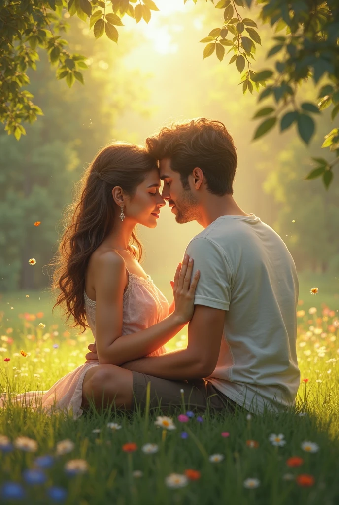 A woman and a man sitting in the grass in love - SeaArt AI