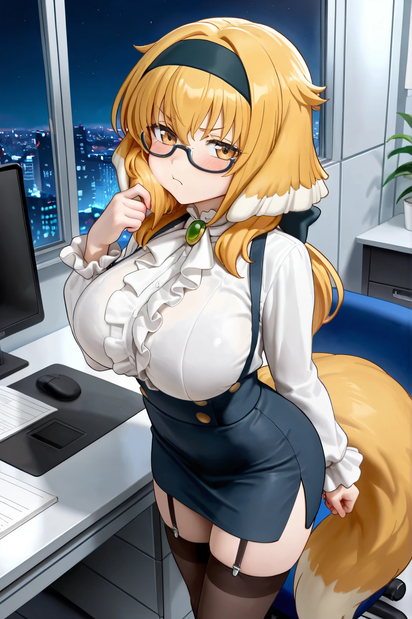 (huge breasts:1.4) (masterpiece) (high quality) (best quality) (1girl), (solo), (slim waist:1.3), (looking at viewer), Shirakami Fubuki, vtuber, office, fox ears, fox tail, black business skirt, stockings, closed white shirt, glasses, id card hanging on neck, head tilt, slight smile, full body portrait, orange hair, braided twintails, baby blue eyes, hands on hips, bottom view