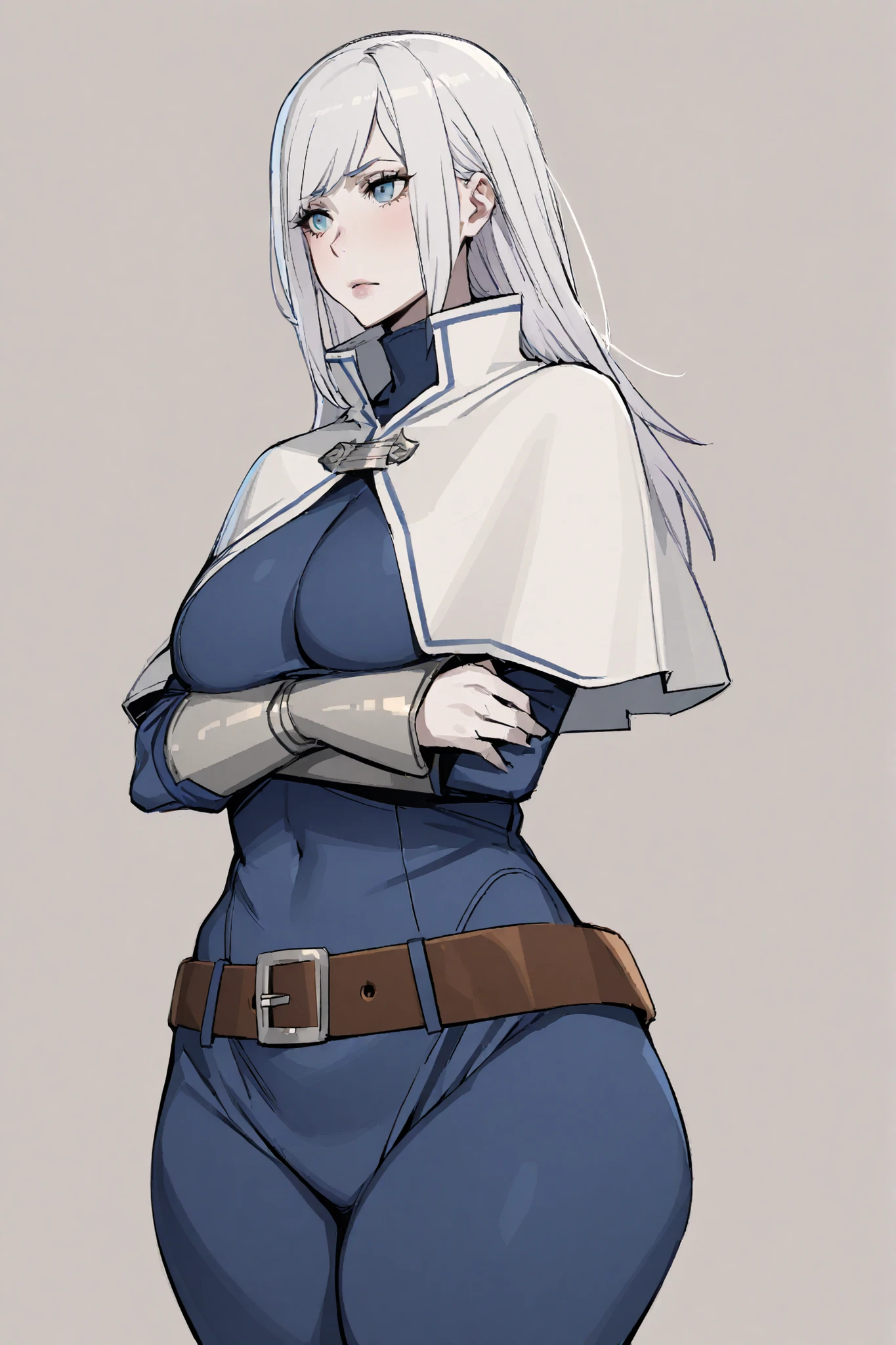 1 girl, long white hair, side bangs, blue eyes, pale skin, voluptuous, blue bodysuit, white capelet, brown boots, belt, silver gauntleds, simple background, arms crossed