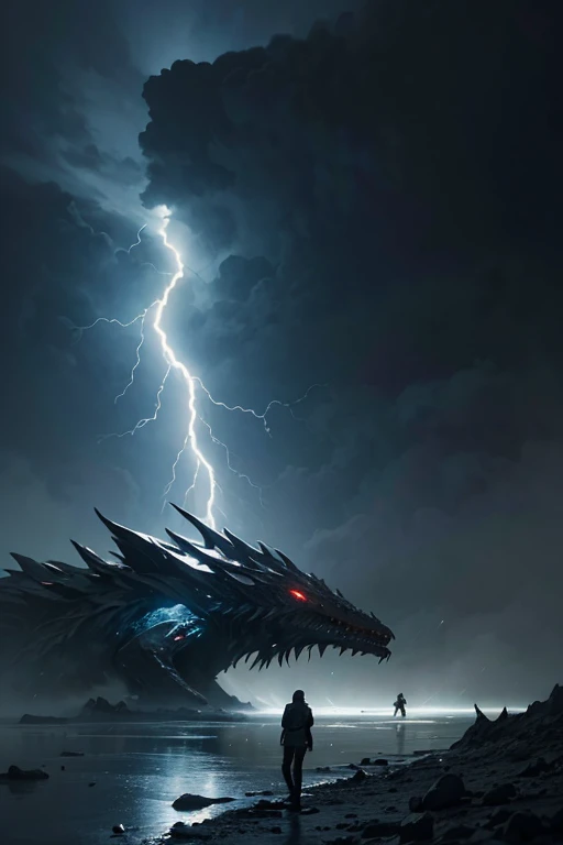A very detailed painting, ice world, Depicts a man have a weapon on a hill gazing at a giant alien monster lightning rain breath, author:Shinkai Makoto, By Art Jem, From Wlop, author:Greg Rutkowski, Volumetric Lighting, Octane Rendering, 4K resolution, Popular on artstation, masterpiece ,flame magic