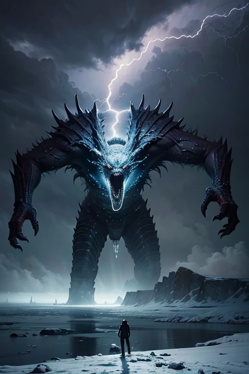 A very detailed painting， ice world, Depicts a man　have a weapon on a hill gazing at a giant alien monster lightning rain breath, author：Shinkai Makoto, By Art Jem, From Wlop, author：Greg Rutkowski, Volumetric Lighting, Octane Rendering, 4K resolution, Popular on artstation, masterpiece ,flame magic, 
Meteor shower