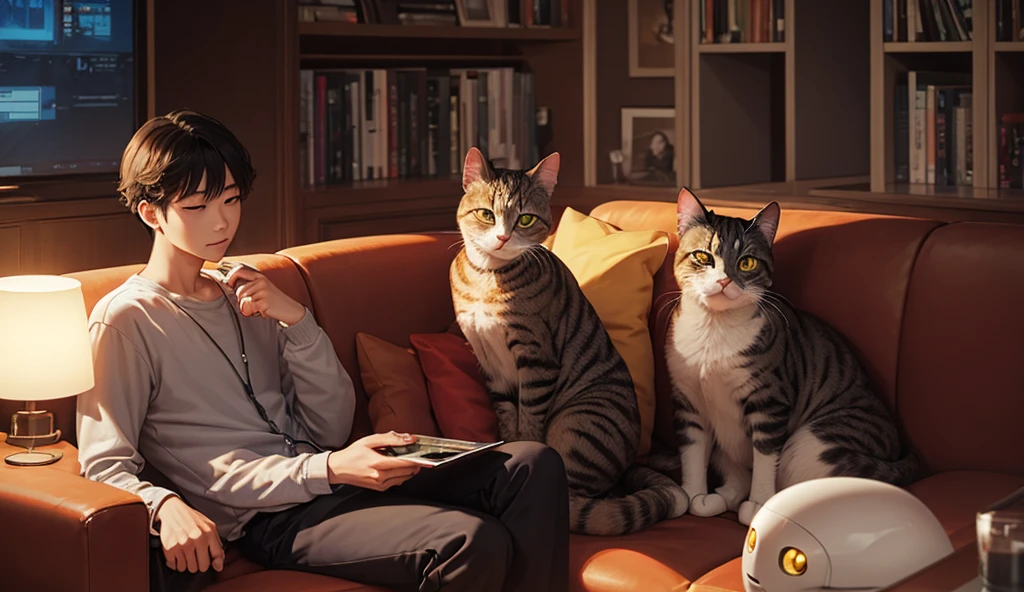 The protagonist cat laughing and clinking glasses with friends at a table filled with various drinks and snacks.