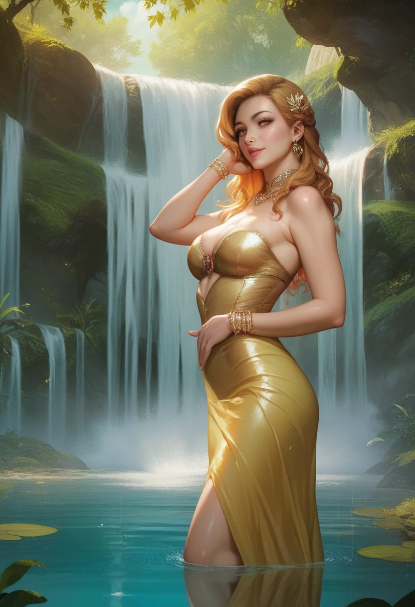 A mermaid queen beneath the waves, tween Emma Watson, blushing with ecstasy, and magically golden hair, a gold scale bra holds close to the shape of her body, her kingdom an underwater marvel of coral and light, surrounded by sea creatures, the water's play of light creating a dreamlike quality that enhances the sensual yet majestic nature of the scene.