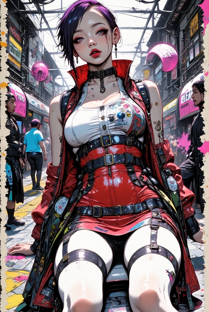 a colorful Palette Knife Oil Painting ,(best quality,photorealistic:1.37),sexy,Harley Quinn (Dr. Harleen Quinzel),DC Comics,charismatic pose,dark background,red and black color scheme,sitting on the ground with legs spread,lingerie costume,high-definition details,crazy deep blue eyes,playful smile,smoky eye makeup,long flowing blonde and red hair,strappy heels,confident expression,dangerous vibe,flawless skin,body painted tattoos,colorful diamonds pattern on outfit,provocative look,wicked grin,Cacophony graphic novel inspired,street graffiti backdrop,neon lights and reflections,edgy and seductive,stylized digital artworkillustration, arte de Carne Griffiths e Wadim Kashin, fundo futurista. ,holy light,gold foil,gold leaf art,glitter drawing,